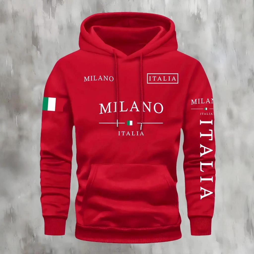 Men's Flag & Letter Hoodie - Fleece Lined Autumn/Winter Trendy Pullover