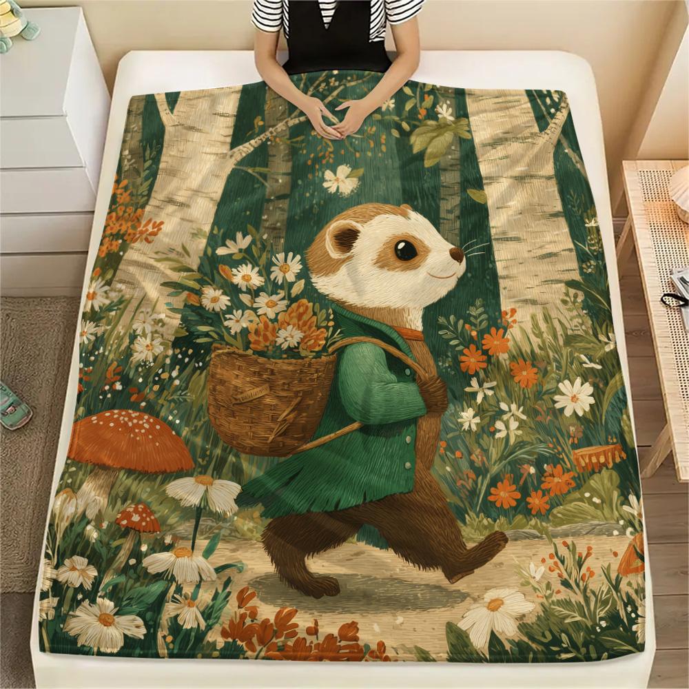Forest Flower Basket Animals  Print Flannel Blanket, High quality Comfortable for All Seasons, Home Decor, Warmth and Comfort 80cm x 120cm