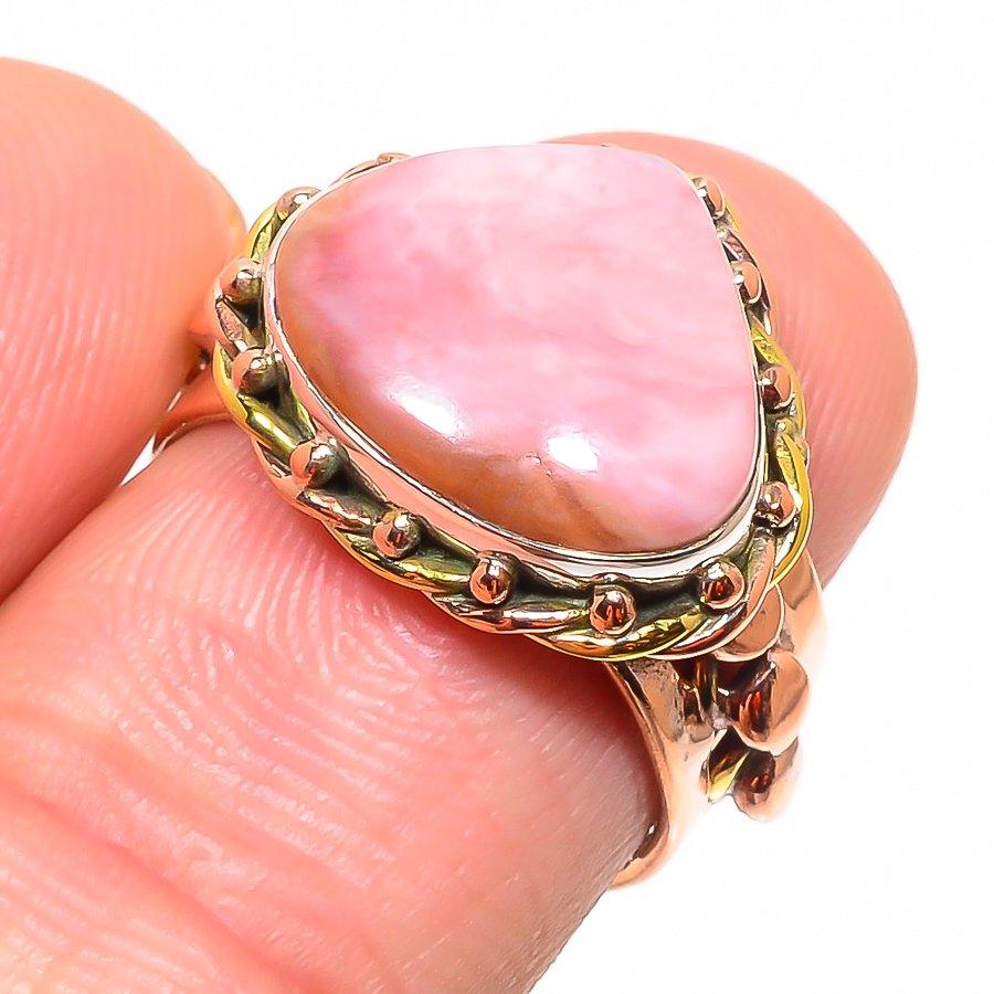 Natural Pink Opal Gemstone Two Tone 925 Sterling Silver Jewelry Ring Size 7 Y8l64