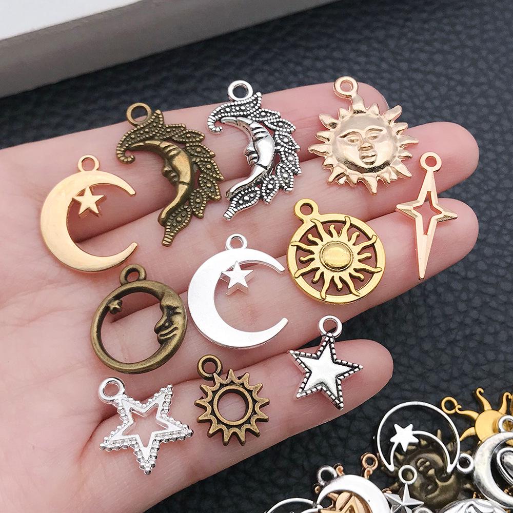 Handmade Antique Gold Sun, Moon & Star Charms for DIY Jewelry – Bracelets, Necklaces, Earrings (Set of 5 Colors)