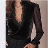 Blusa alla moda a tinta unita con scollo a V e maniche in pizzo trasparente