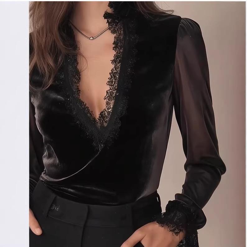 Blusa alla moda a tinta unita con scollo a V e maniche in pizzo trasparente