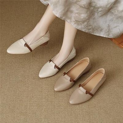 French Sheepskin Low Heeled Small Leather Shoes Women's Apricot Headed Color Matching Single Heeled Shoes Easy And Casual Pedal