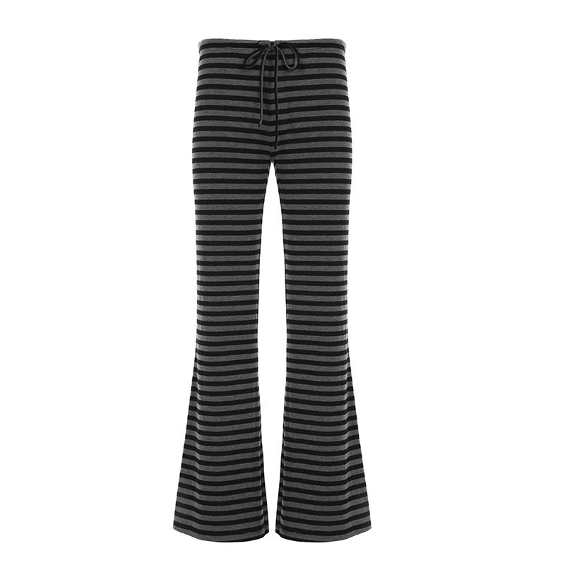 American Street Idle Style Stripe Design High Waist Lace-up Straight Bootcut Trousers Gyaru Slimming Knitted Casual Trousers