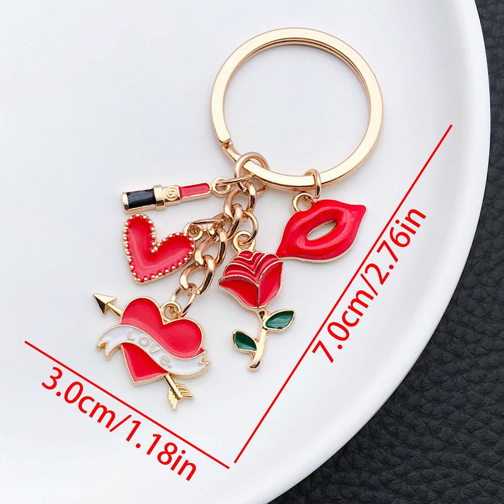 Red Cartoon Lips & Rose Heart Keychain Pendant