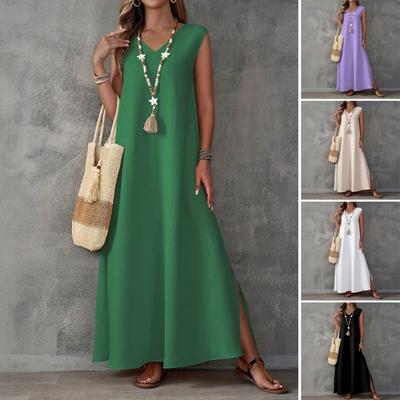 Damen Ärmelloses Maxikleid V-Ausschnitt Seitenschlitz Langes Kleid Sommer Casual Swingkleid Boho Strand Urlaub Sommerkleid