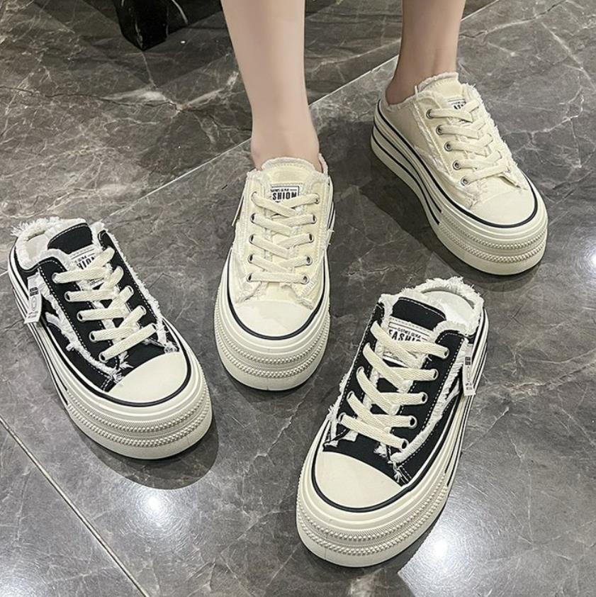 fashion New Canvas Shoes Women Casual Designer Vulcanize Shoes Half Slippers Soft Loafers Platform Height Increasing Platform Slippers