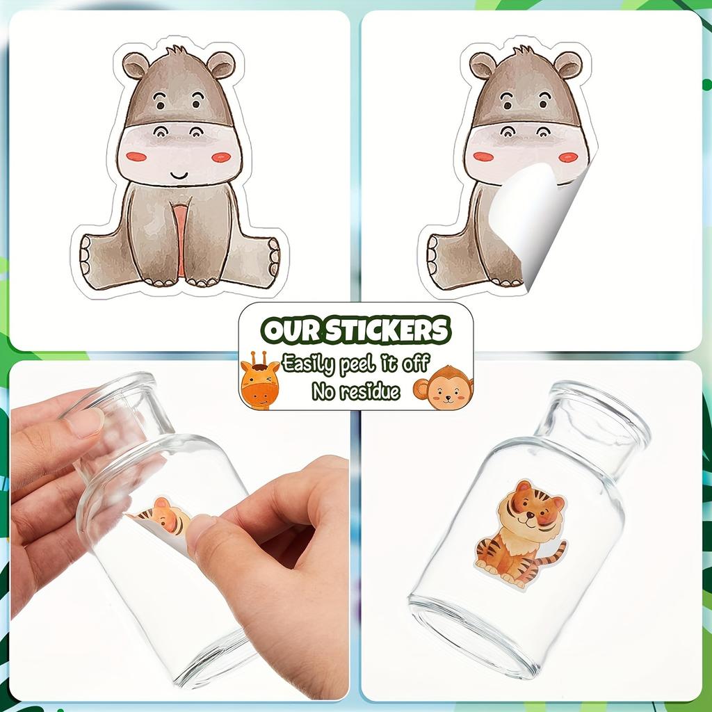 Animal Stickers with, Elephant, Giraffe, , Hippo, Cheetah, , Monkey, Rhino, Antelope & Meerkat - Cute Party Favors, Supplies, Scrapbook Labels