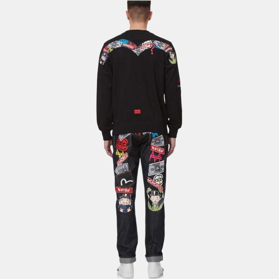 Evisu Letter Logo Cartoon Pattern Printed Pullover Round Neck Sweatshirt Unisex sweatshirt Black 2ESMOM2SW450XXCT