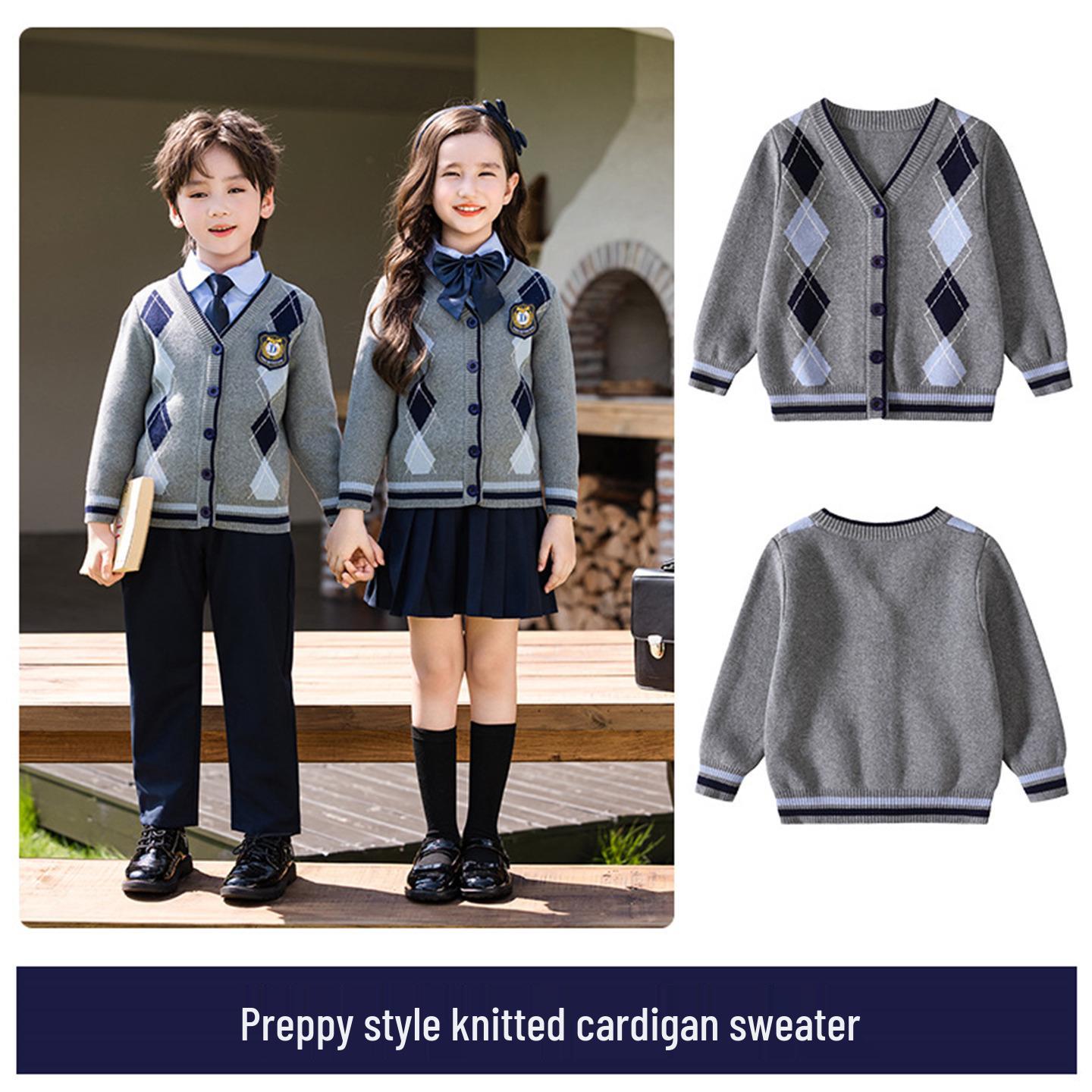 

British Style Knitwear Three-Piece School Uniform Set for Kindergarten and Primary Students - Spring, Autumn, and Winter 130 cm