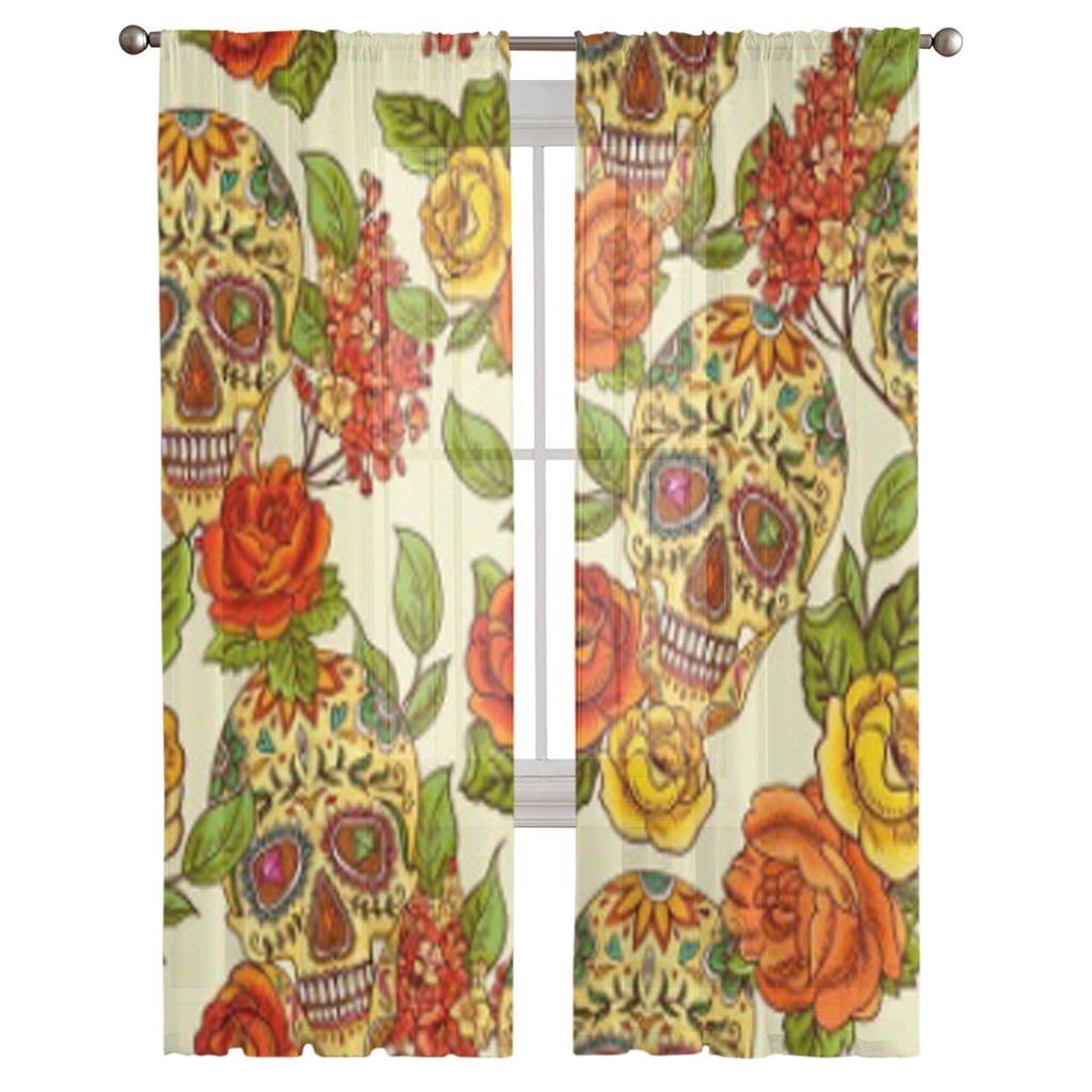 Czaszki Diamenty i Kwiaty Bezszwowe Tło Szyfonowe Przezroczyste Zasłony do Dekoracji Salonu Sypialni Okienne Woale Tiulowa Zasłona