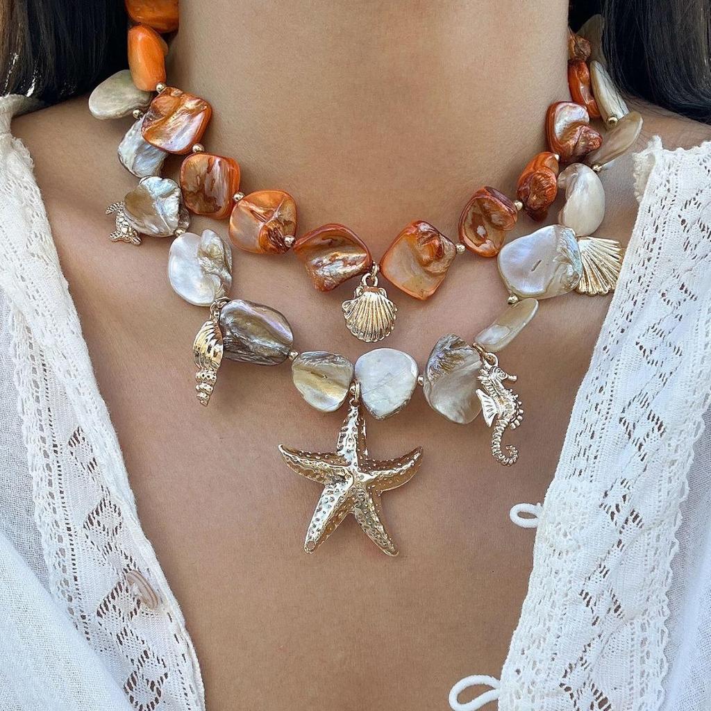 2026 European Cross-Border Starfish & Shell Alloy Necklace - Retro Summer Mermaid Design