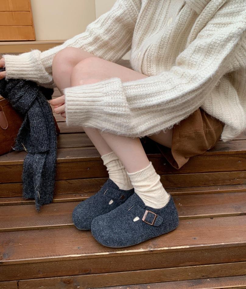 Mori retro woolen platform Boken shoes women's winter new one-pedal velvet cotton shoes fluff