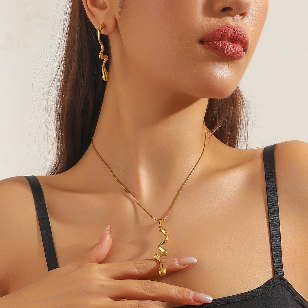 DIEYURO 316L Stainless Steel Golden Simple Irregular Water Droplets Pendant Necklace Earrings Set For Women Fashion Jewelry Gift