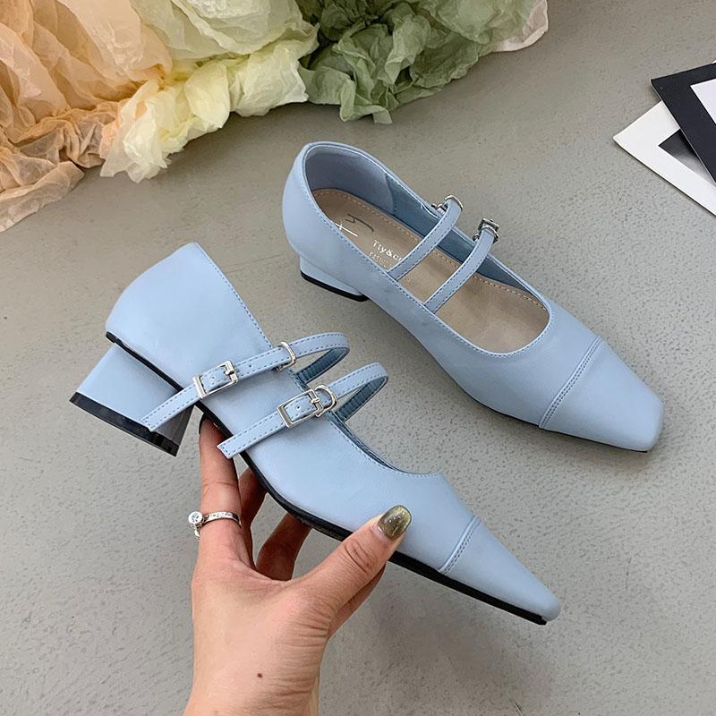 

Fashion 2025 New Fashion Buckle Strap Women Heeled Pumps Mary Janes Shoes Female Shallow Footwear Elegant Ladies Low Heel Shoes 35 синий