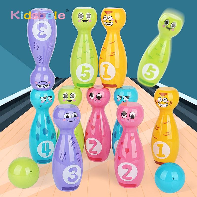 Kids Cartoon Bowling Set Cute Emojis Bowling Pins With 5 Numbers Toddlers Interactive Indoor Sports Toy Family Lawn Yard Game