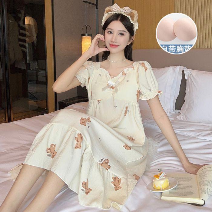 

Source Factory Summer with chest pad pajamas women s short-sleeved bubble-sleeved pajamas sweet princess style medium and long loungewear 175(XXL)