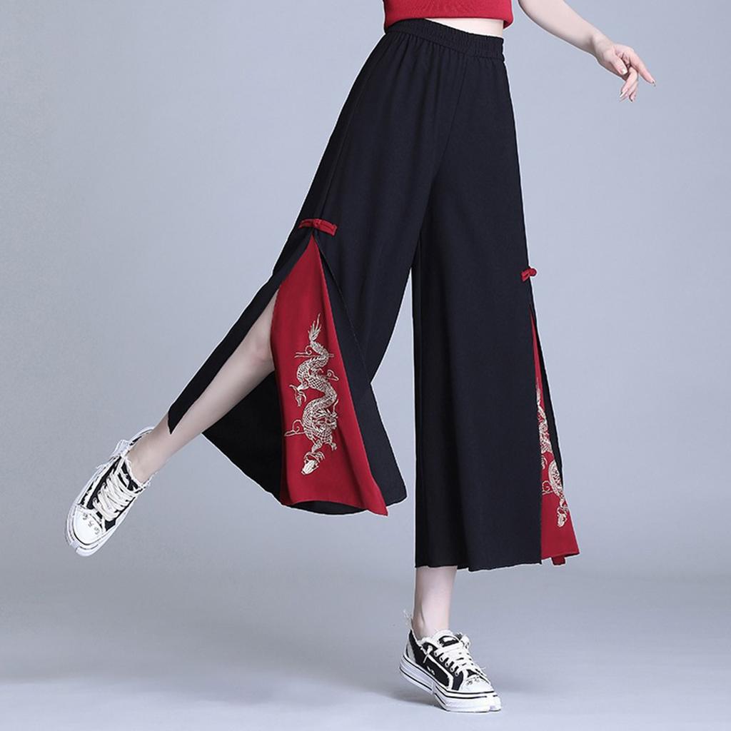 Wide-leg Trousers For Women, Summer Loose Chinese-style Chiffon Nine-point Trousers, High-waist Dance Culottes, Drapey Slit Culottes