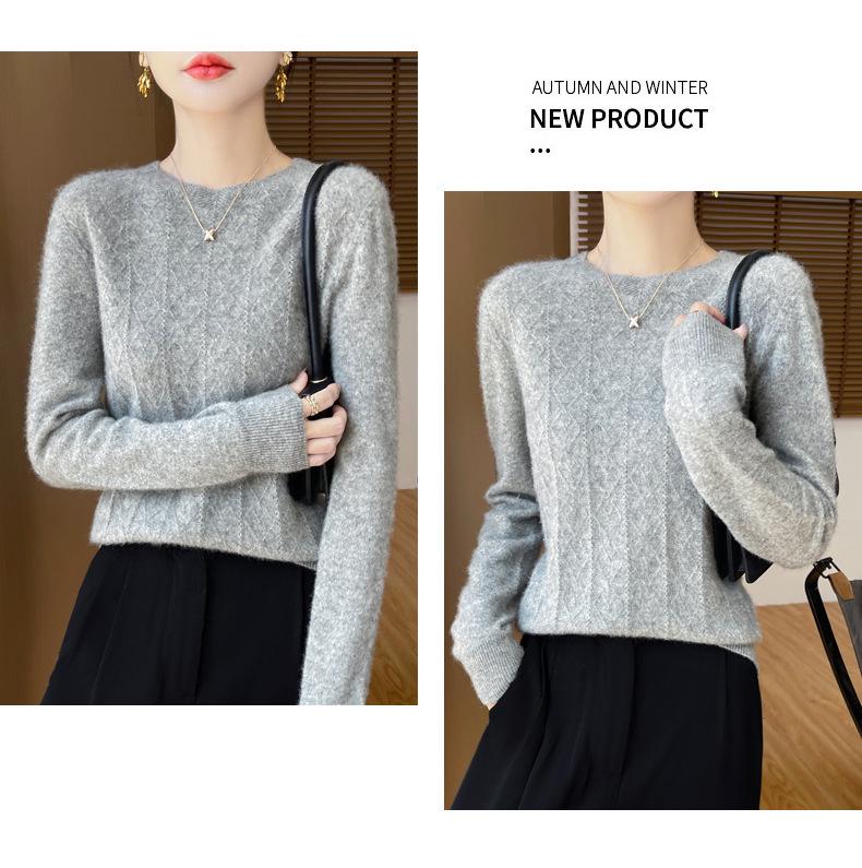 Women's Cable Knit Pure Wool Sweater, 2024 Autumn/Winter, Solid Color, Round Neck, Warm Base Layer.