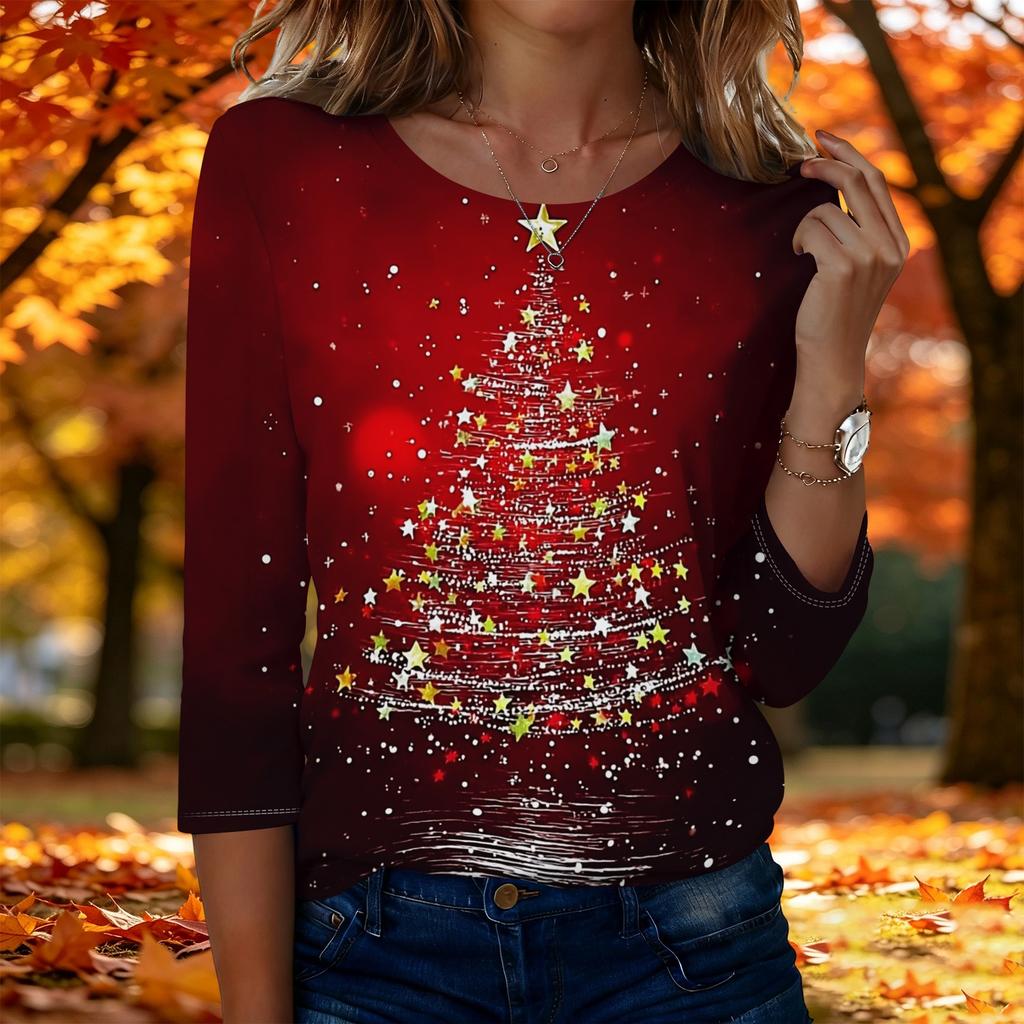 Women's Casual Christmas Print Three-Quarter Sleeve Neck Top