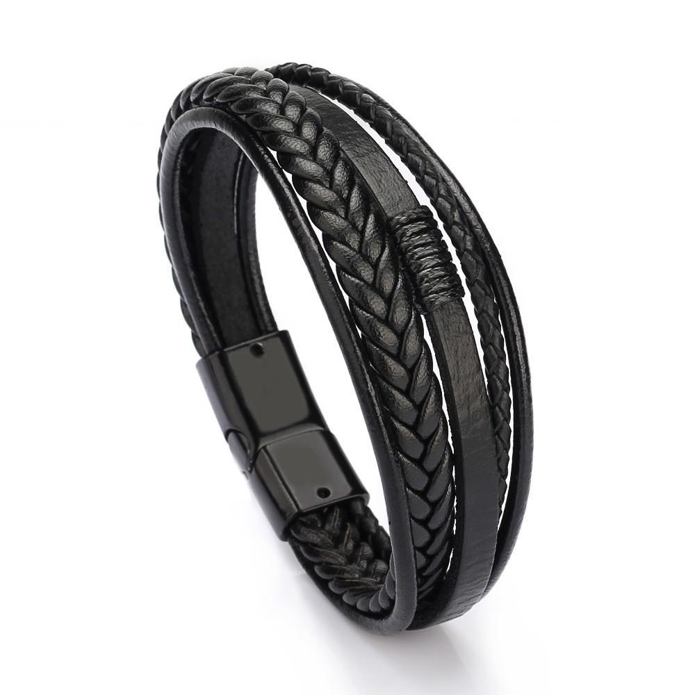 Hot Sale High Quality Trendy Leather Multi-layer Woven Rope Bracelet Magnetic Snap Button Men's Bracelet Leisure Style