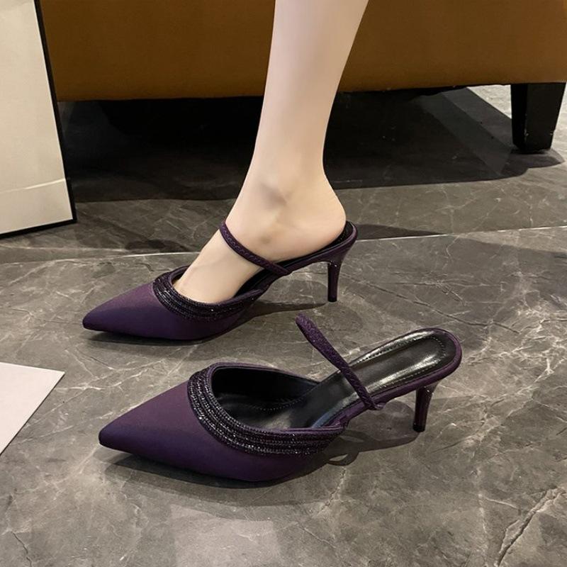 Fashion niche champagne rhinestone high heels women's spring stiletto silk sexy bridal wedding shoes bag head sandals