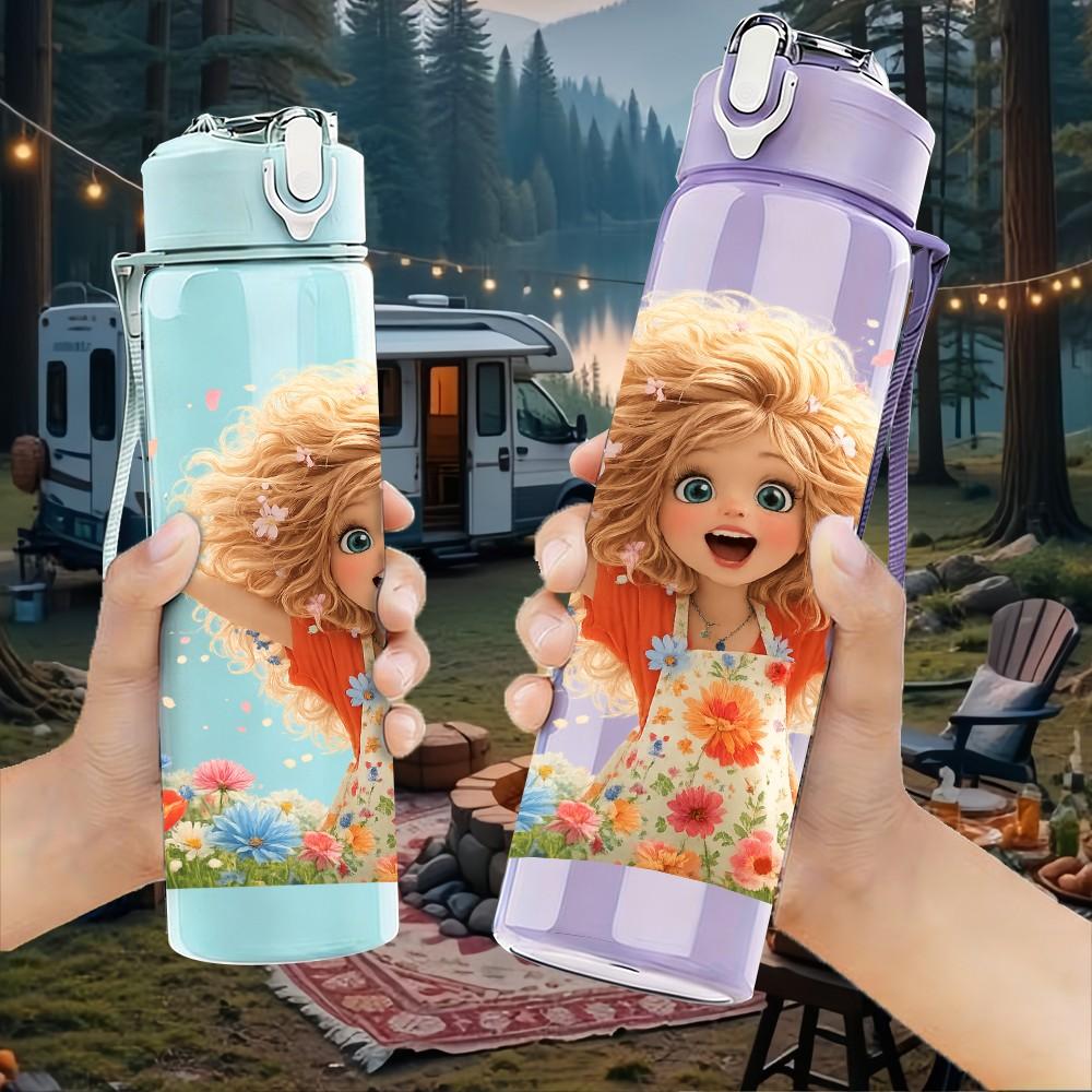 1PC Little Girl Flower Field Cartoon Print 750ml Color Plastic Sports Water Bottle Leakproof Flip Straw Lid Suitable for Sports Office Home Use