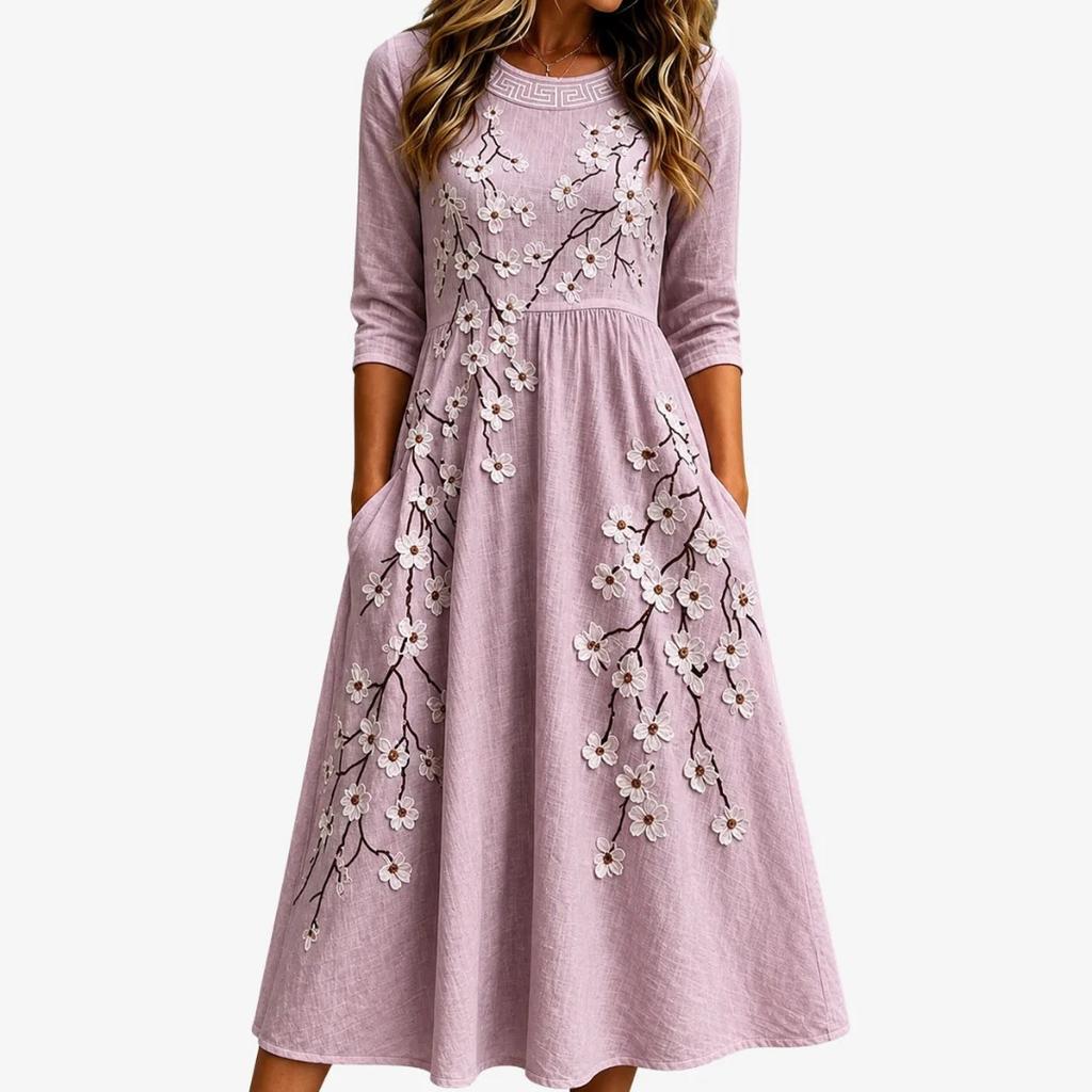 Spring and Summer 2026 New Round Neck 7-point Sleeve Casual Loose Long Printed Dress - Bamboo Hemp