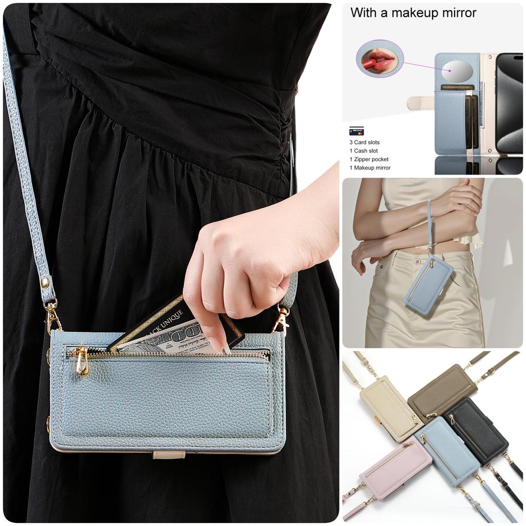 Crossbody Leather Phone Case for iPhone 17 Pro Max Air 16 16E 15 Plus 14 13 12 Zipper Card Slot Wallet Holder Shell with Lanyard