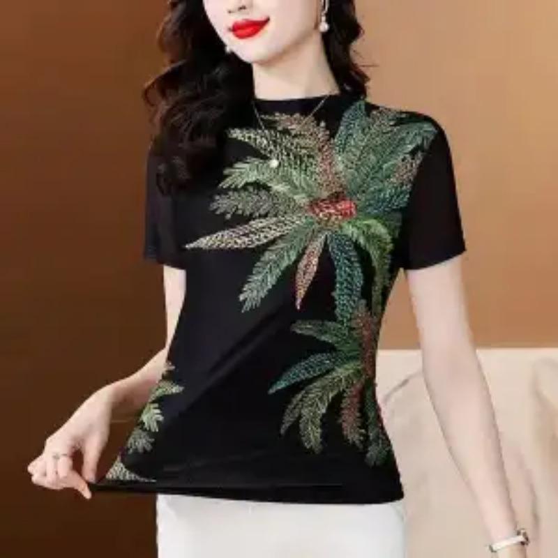 Women's Black Leaf Print Mesh Top Short Sleeve Slim Fit Casual Blouse