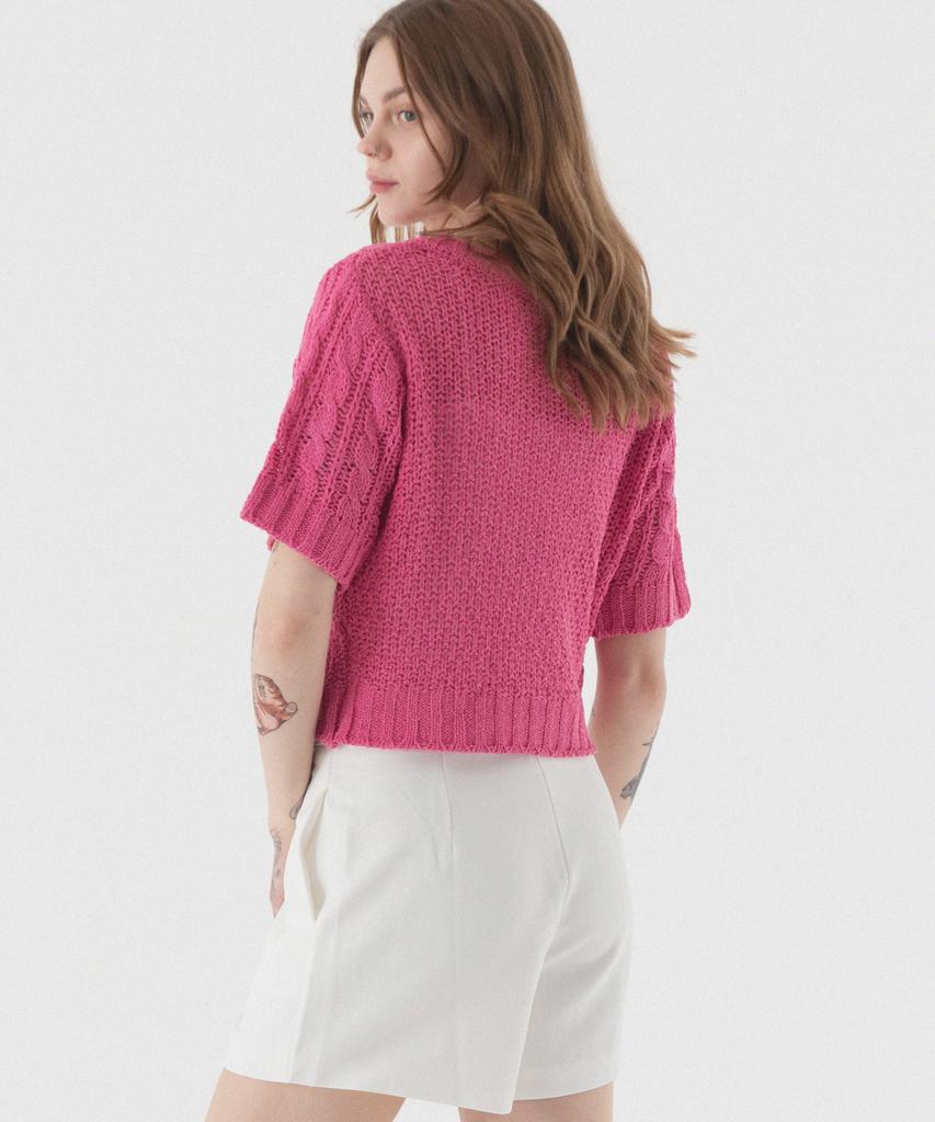 PIANER See-Through Punched Boucle Short Sleeve Knit (Pink)
