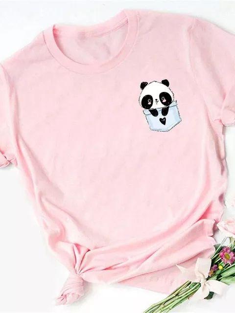 Maycaur Sommer Damen T-Shirt Lockere Oberteile Niedlicher Panda Herz Druck Kurzarm Weiblich Locker Lässig T-Shirt Damen Oberteil Tee