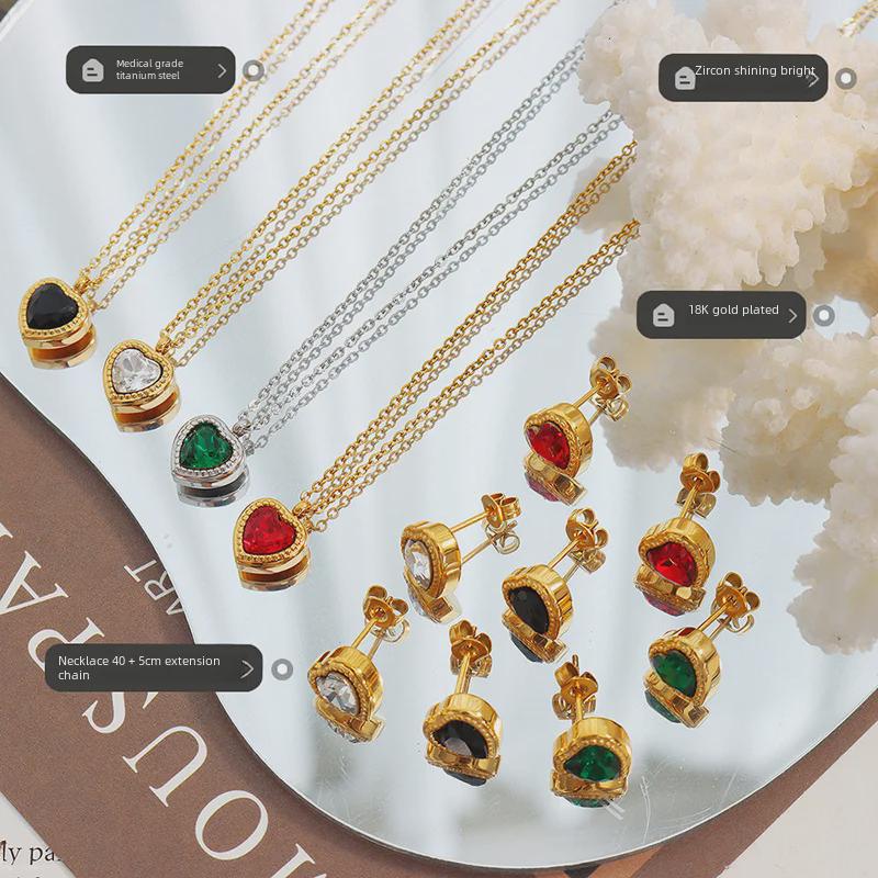 French Niche Multi-Color Zircon Love Pendant Necklace & Earrings Set