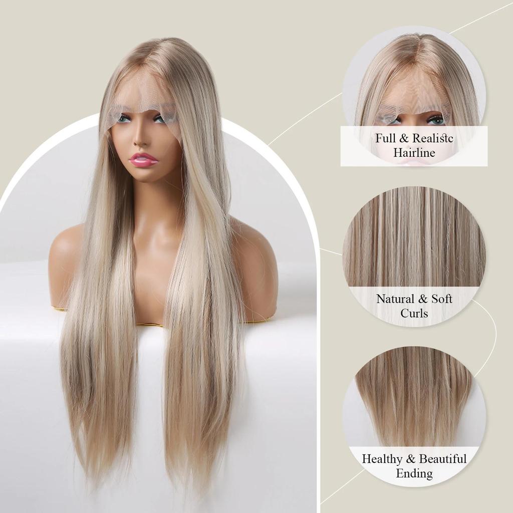 Lange, seidig glatte Spitzenperücke mit T-Teil, hellbraune, blonde Strähnchen-Perücke mit Babyhaar, hochdichte, hitzebeständige Kunsthaarperücke