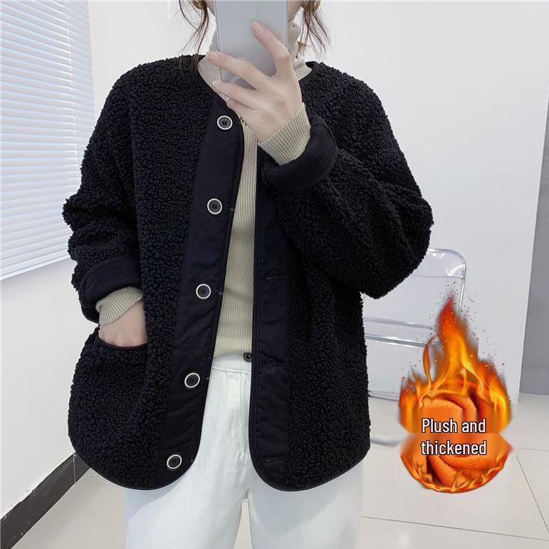 Women's Korean-Style Lambswool Plush Coat - 2025 Autumn/Winter Casual Loose Fit Baseball Jacket
