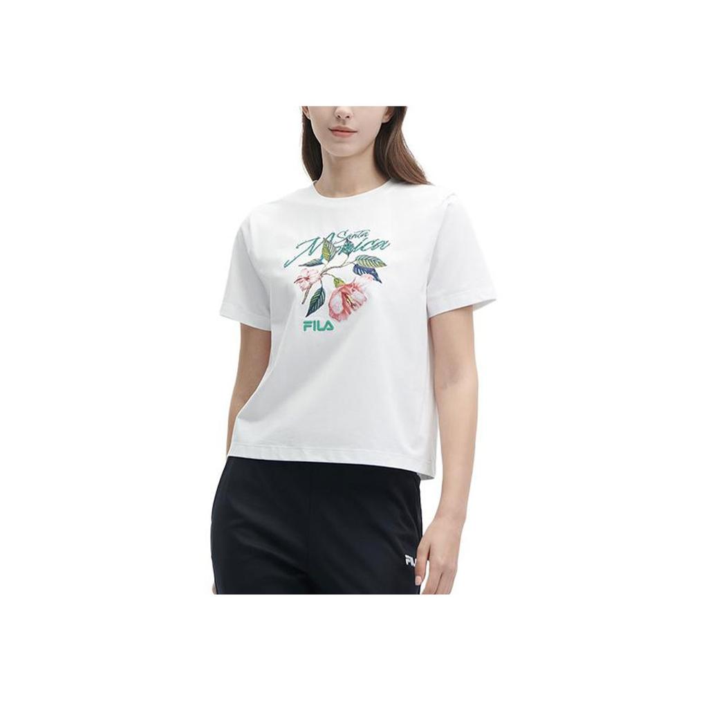 FILA Floral Print Casual Cool Feel Bouquet Embroidery Loose Round Neck Short Sleeve T-Shirt Women T-Shirt White F11W428112F-WT