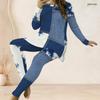 Women Plus Size Printed Two Piece Set Round Neck Long Sleeve Longline Top Fitted Pants Blue Beige