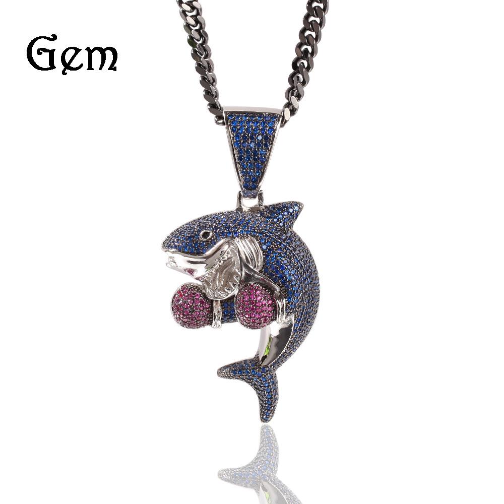 Boxing Shark Zircon Pendant Gun Black Cuban Chain Versatile Personality Necklace Accessories Men