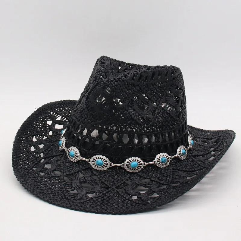 1Pc Summer Bohemian Shell Straw Hat Beach Women Men Cowboy Hats Wooden Beads Hollow Out Western Wide Brim Sun Hat Holiday Cap