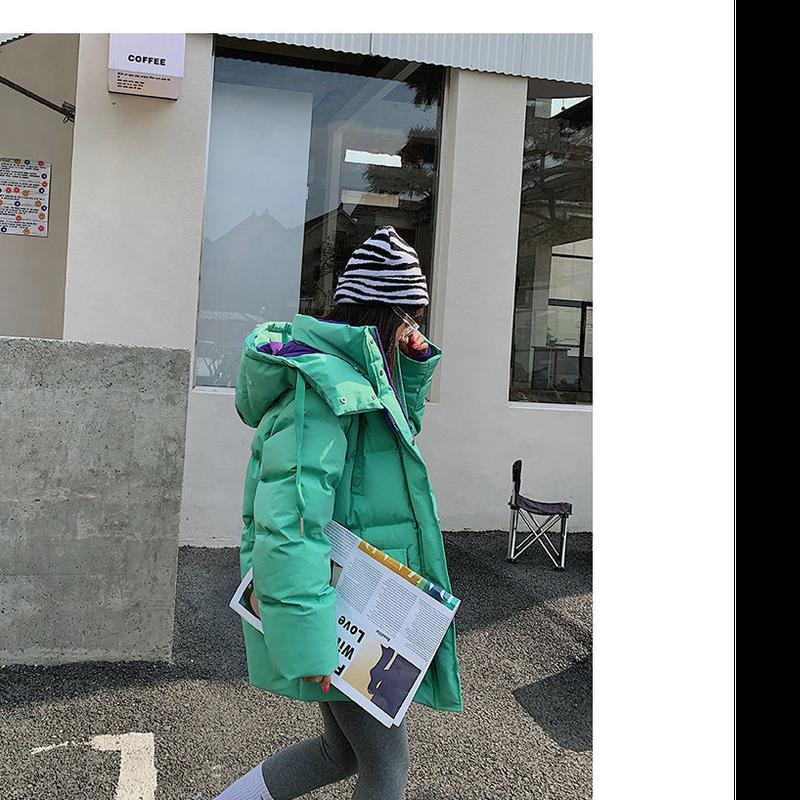 Damen-Daunenjacke mit vertikalem Kragen im Herbst und Winter, mittellange, verdickte, lockere Jacke, Arbeitskleidung, mit Kapuze, weißer Entendaunenmantel