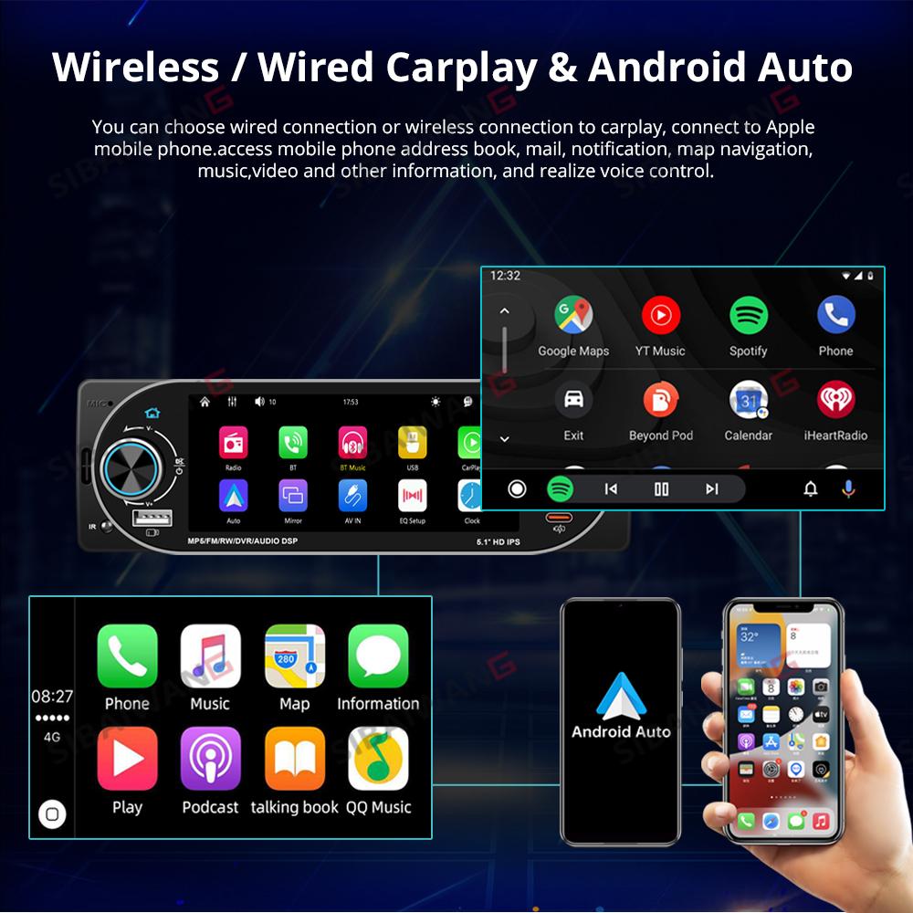 General 1 Din Car Radio MP5 IPS HD Player Support Wireless Carplay Android Auto Bluetooth FM AM RDS Stereo USB WIFI Video Player 5.1In Digital Display