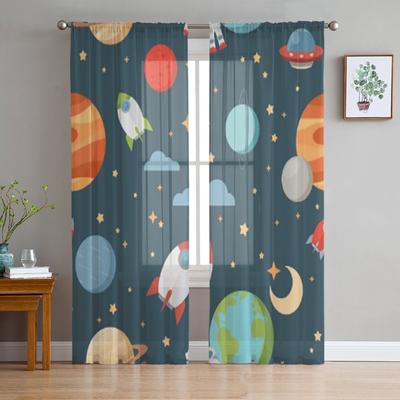 Rideaux transparents en Tulle pour enfants, fusées spatiales, planètes, étoiles, univers, ciel nocturne, pour chambre à coucher, Voiles de fenêtre