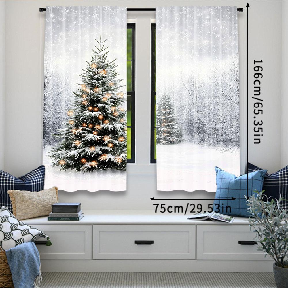Set Of 2 Modern Christmas Curtain Natural Winter Forest Snowflake Snowfall White Snow Tree Home Party Decoration Simplistic Drapes Made Polyester