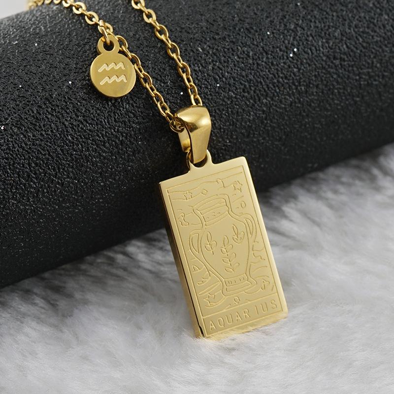 18K Gold Stainless Steel Zodiac Pendant Necklace - Square Constellation Design for Women