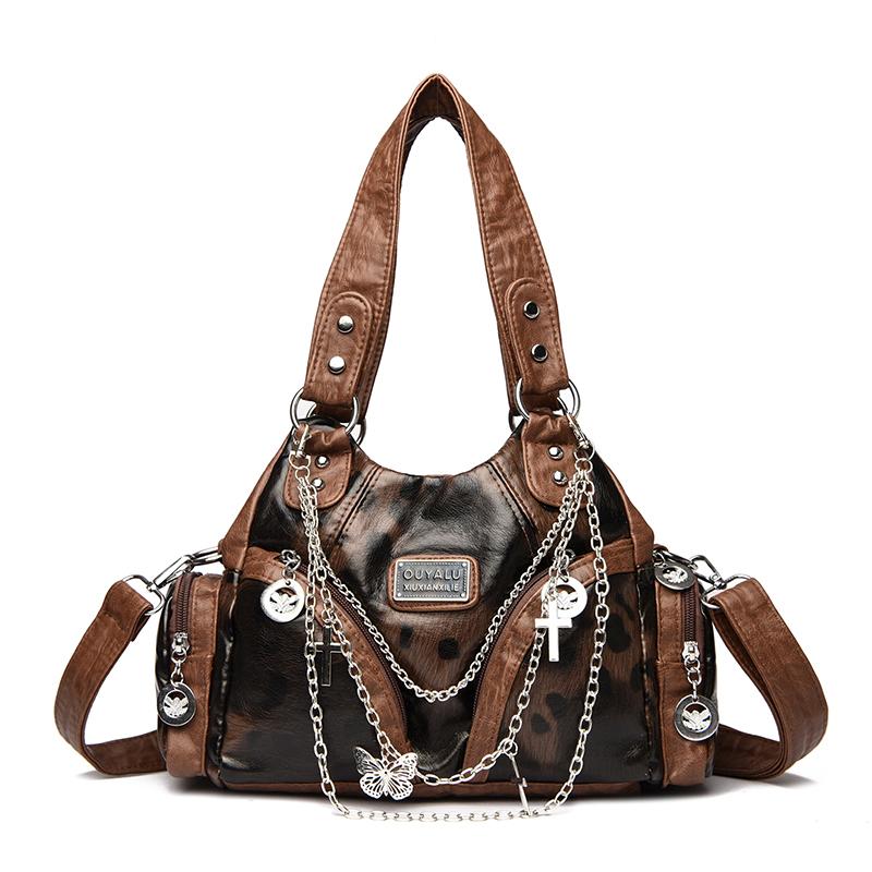 Bolso de Mano Retro para Mujer con Estampado de Leopardo, Piel Sintética, Decoración de Cadena, Gran Capacidad, Bolso de Hombro Versátil, Bolso Cruzado Tote con Correa Desmontable, Casual Diario