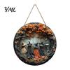 Minimalist Wooden Sign for Garden Halloween Round Hanging Door with 5 Witches, Decorative Boho Style Home Accent Wall Plaque Front Porch Yard Balcony