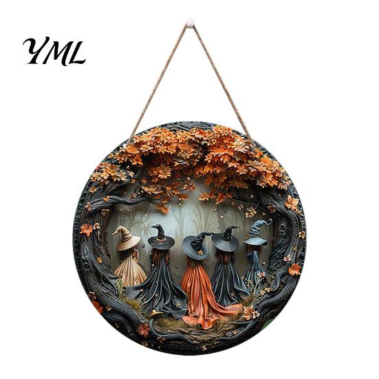 Minimalist Wooden Sign for Garden Halloween Round Hanging Door with 5 Witches, Decorative Boho Style Home Accent Wall Plaque Front Porch Yard Balcony