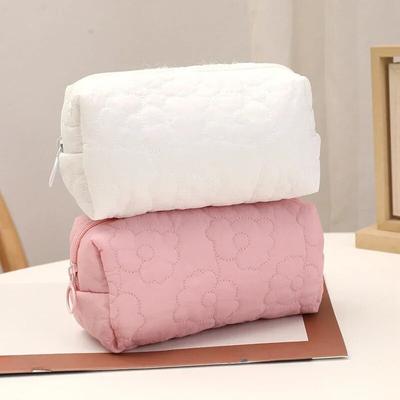 Women Pink White Cotton Flower Embroidery Pillow Cosmetic Bag Large Capacity Makeup Organizer Pouch Portable Travel Storage Bag