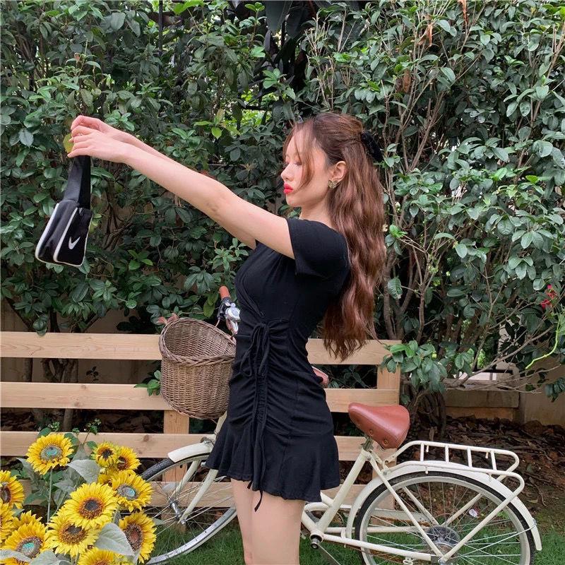 2022 Summer V-Neck Short Sleeve Drawstring Pleated A-Line Fishtail Dress for Women