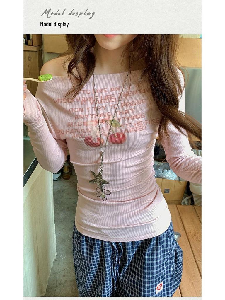 Sweet Cherry Letter Print One-Shoulder Long-Sleeve Women's Slim-Fit Top